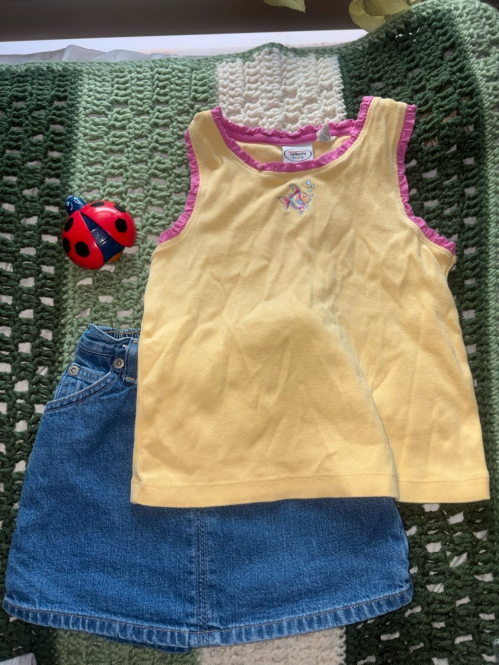 Talbots Yellow Tank Top with Pink Trim and Embroidered Fish